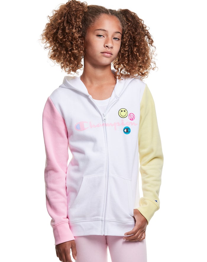 Champion Hoodie Meisjes - Wit/Roze/Geel - Colorblock Fleece Full Zip Smiley Face ( 021738-YAV )